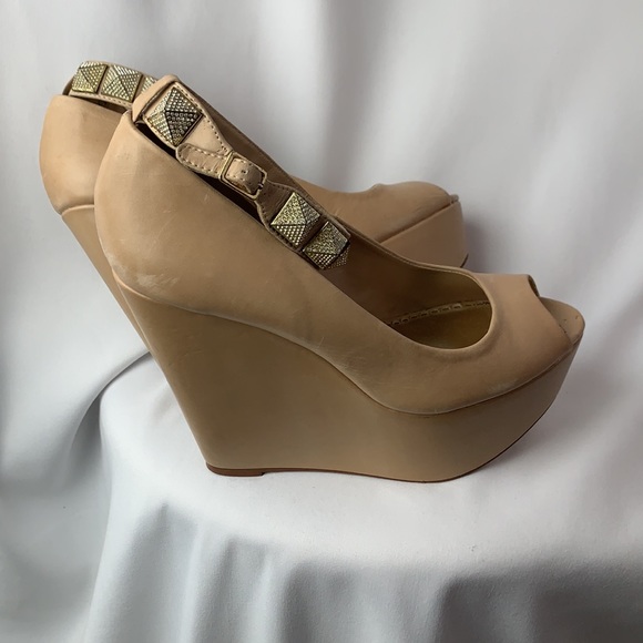 Bebe Nude Studded Ankle Strap Wedges - Picture 10 of 13